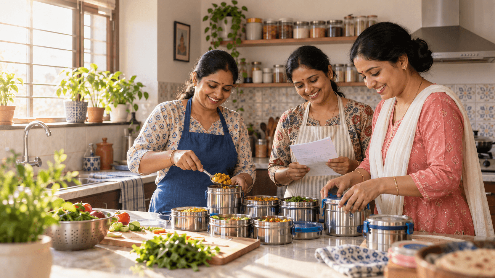 Women entrepreneurs preparing home-style tiffin meals together